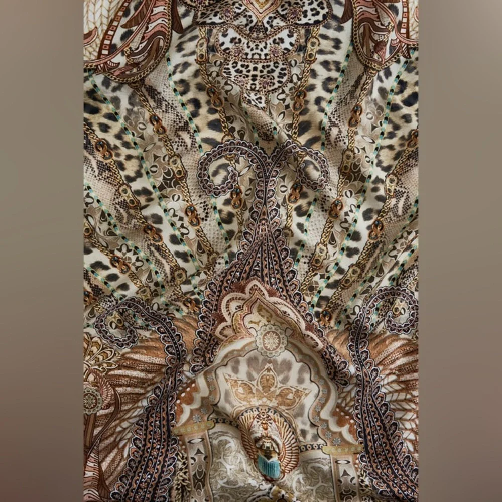 CAMILLA “The Throne Room” brown tan silk animal print boho ring headband